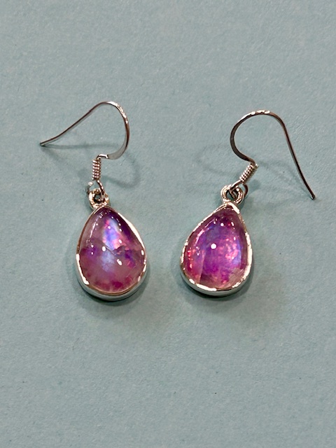Sterling Silver and Pink Moonstone Teardrop Drop Earrings (s) E011