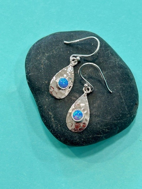 'Michelle' Hammered Sterling Silver and Opalite Teardrop Drop Earrings E041 (s)
