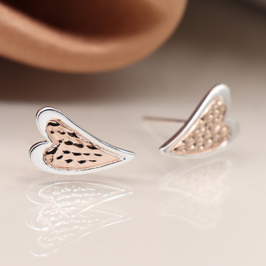 Sterling Silver and Rose Gold Textured Heart Stud Earrings (s) - Image 2