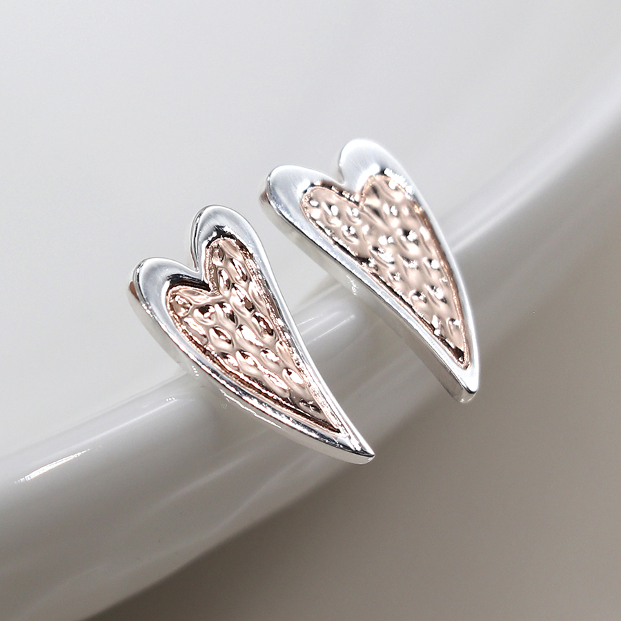 Sterling Silver and Rose Gold Textured Heart Stud Earrings (s)