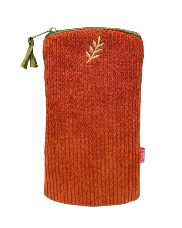 Corduroy Glasses Case/Purse With Embroidered Sprig - Burnt Orange