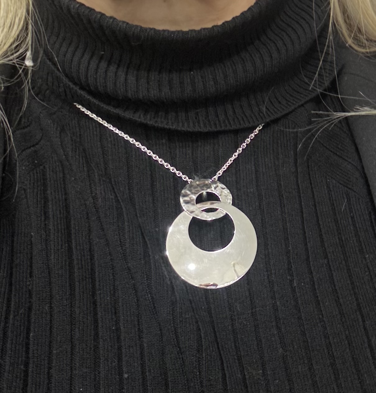 'Marazion' Hammered and Polished Circles Sterling Silver Statement Pendant and Chain - Image 5