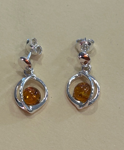 'Sienna' Sterling Silver and Cognac Amber Drop Stud Earrings (s) - Image 2