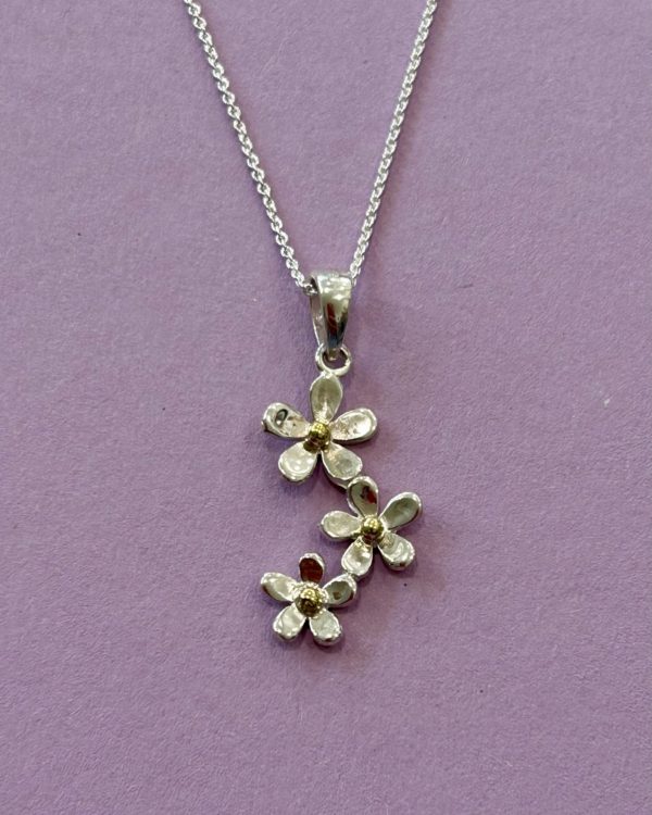 Sterling Silver Triple Daisy Pendant with Brass Centre Detail and Chain