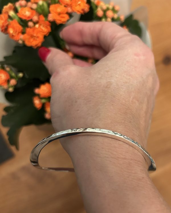 Solid Sterling Silver Hammered and Polished wave Bangle