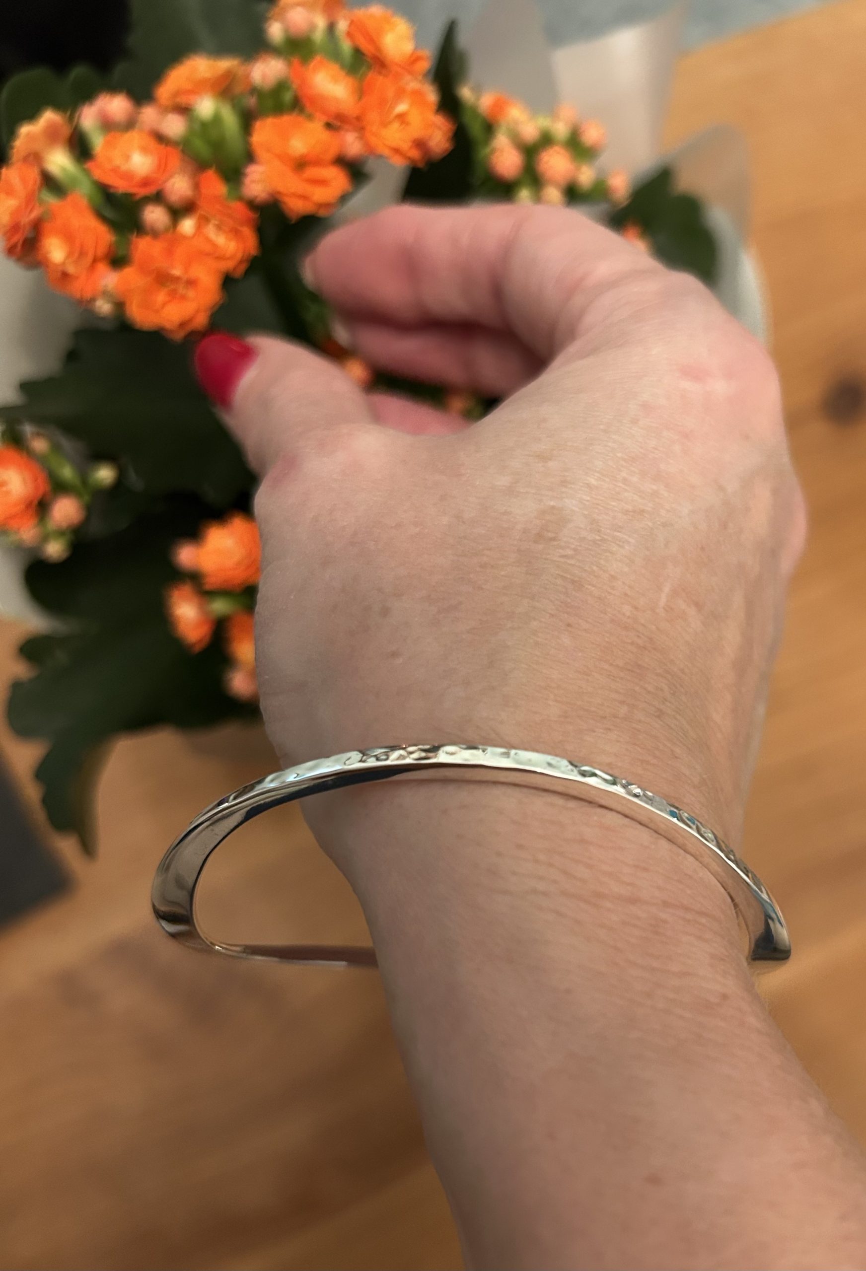 Solid Sterling Silver Hammered and Polished wave Bangle
