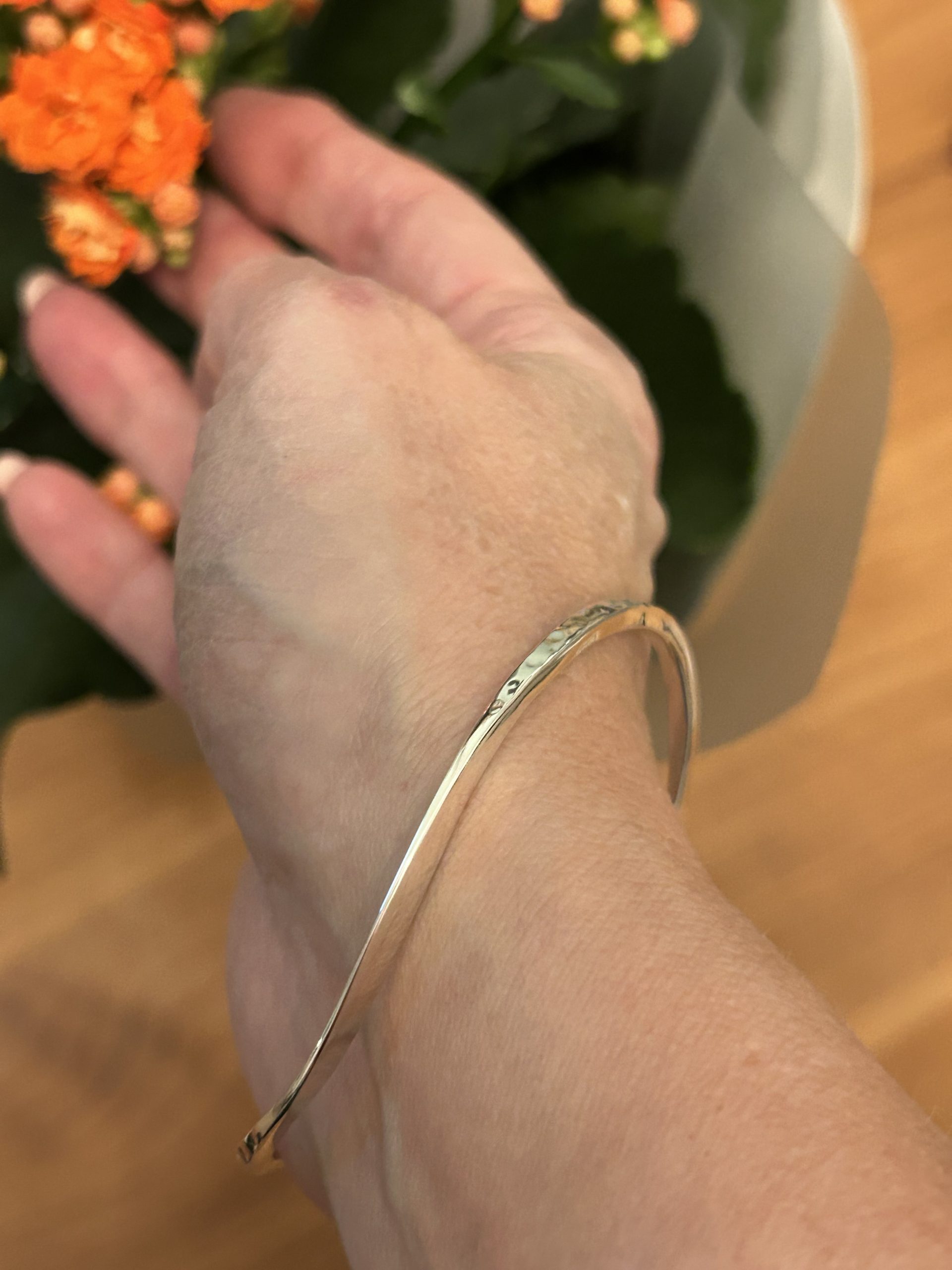 Solid Sterling Silver Hammered and Polished wave Bangle - Image 3