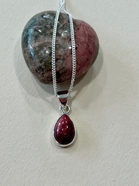 Rhodonite and Sterling Silver Teardrop Pendant and Chain