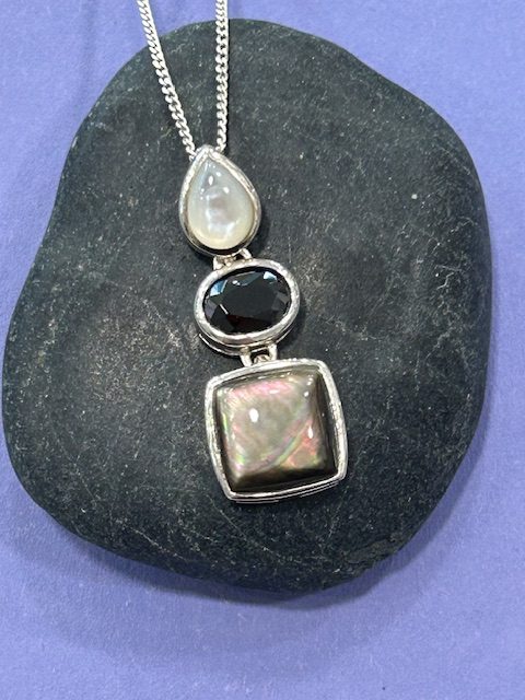 'Lola' Sterling Silver, Mother of Pearl and Black CZ  Pendant and Chain
