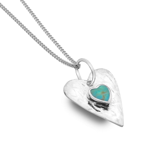 Textured Sterling Silver Heart Pendant Set with Turquoise and Chain (s)