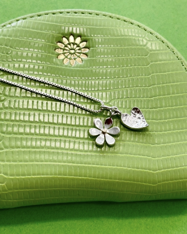 Two Toned Sterling Silver Daisy and Hammered Heart Pendant and Chain